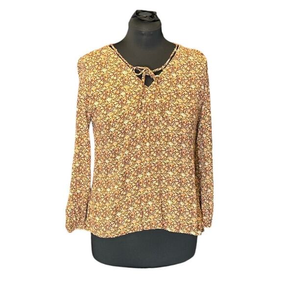 Natural Life Yellow Ditzy Floral Neutral Tone Tie Front Peasant Blouse Size L - Picture 1 of 6